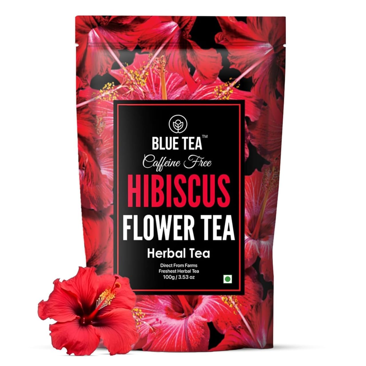 BLUE TEA - Hibiscus Flower Tea - 100g - 100+ Cups | SKIN GLOW ENHANCING TEA | Caffeine Free - Flower Based - Tangy Flavor | Featured In Shark Tank | Zipper Pack