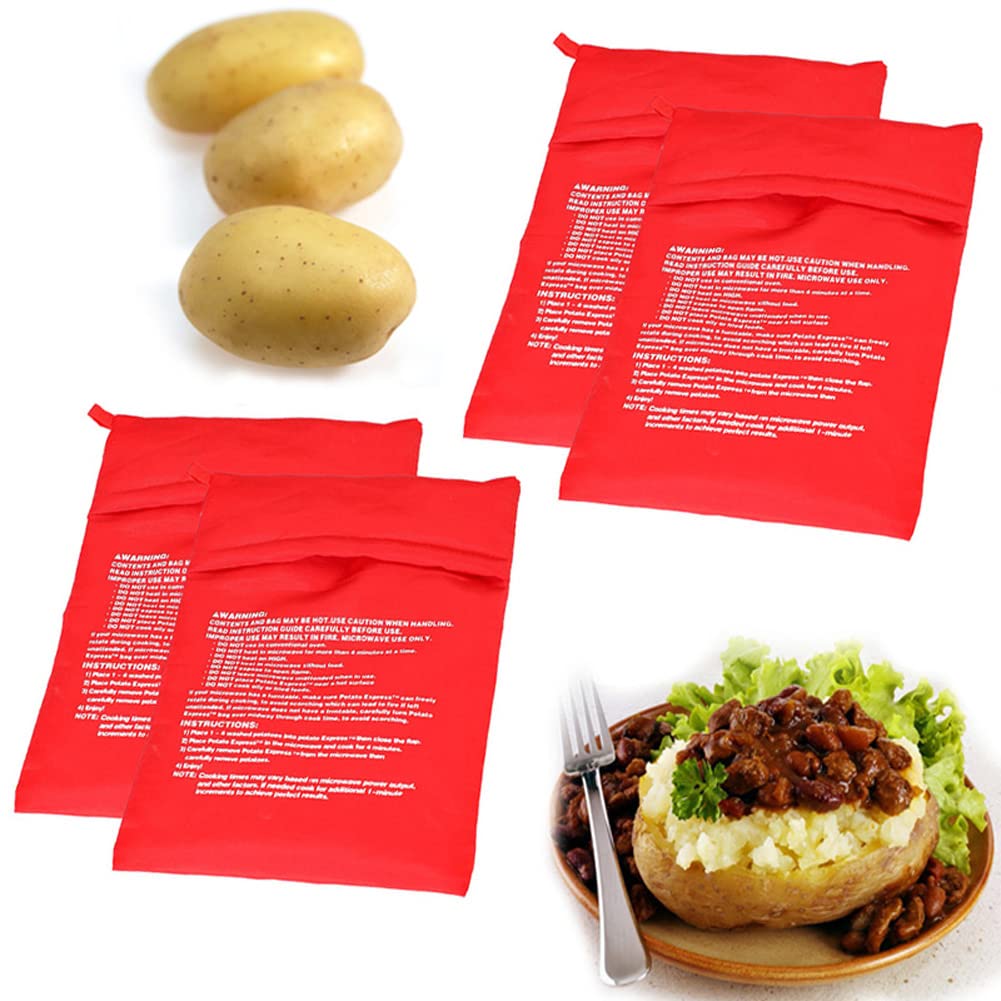 4 sacchetti riutilizzabili per patate a microonde, colore rosso, ideali per cuocere patate in 4 minuti