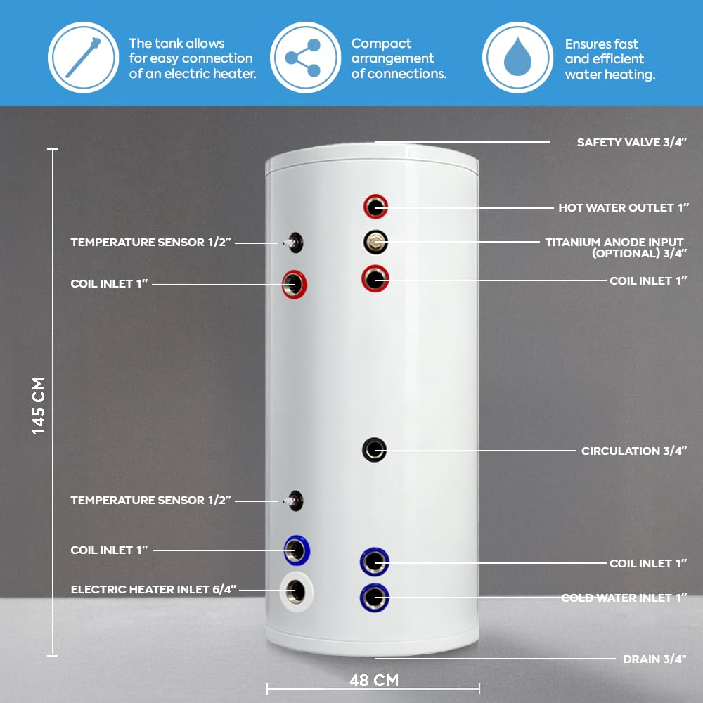 TECHGLOBE - Serbatoi acqua calda - 2 scambiatori di calore (0,6 + 1,6 m²) - acciaio inox - Efficienza energetica - con isolamento da 50 mm - Accumulatore di acqua calda (150 L)