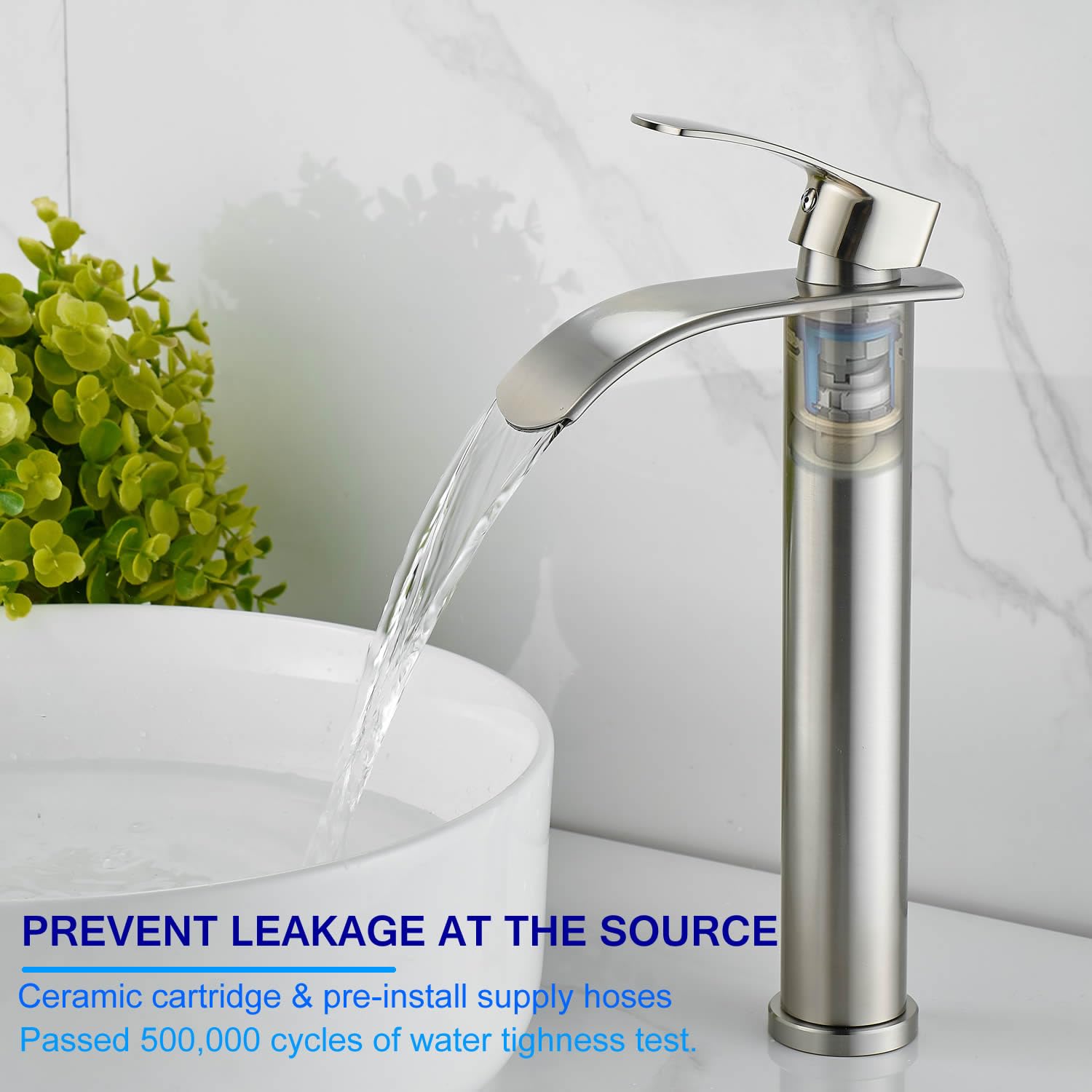 Waschtischarmatur Hoch : Wasserhahn Bad Wasserfall, Einhebel-Mischbatterie für Kaltes und Warmes, Gebürstetes Nickel