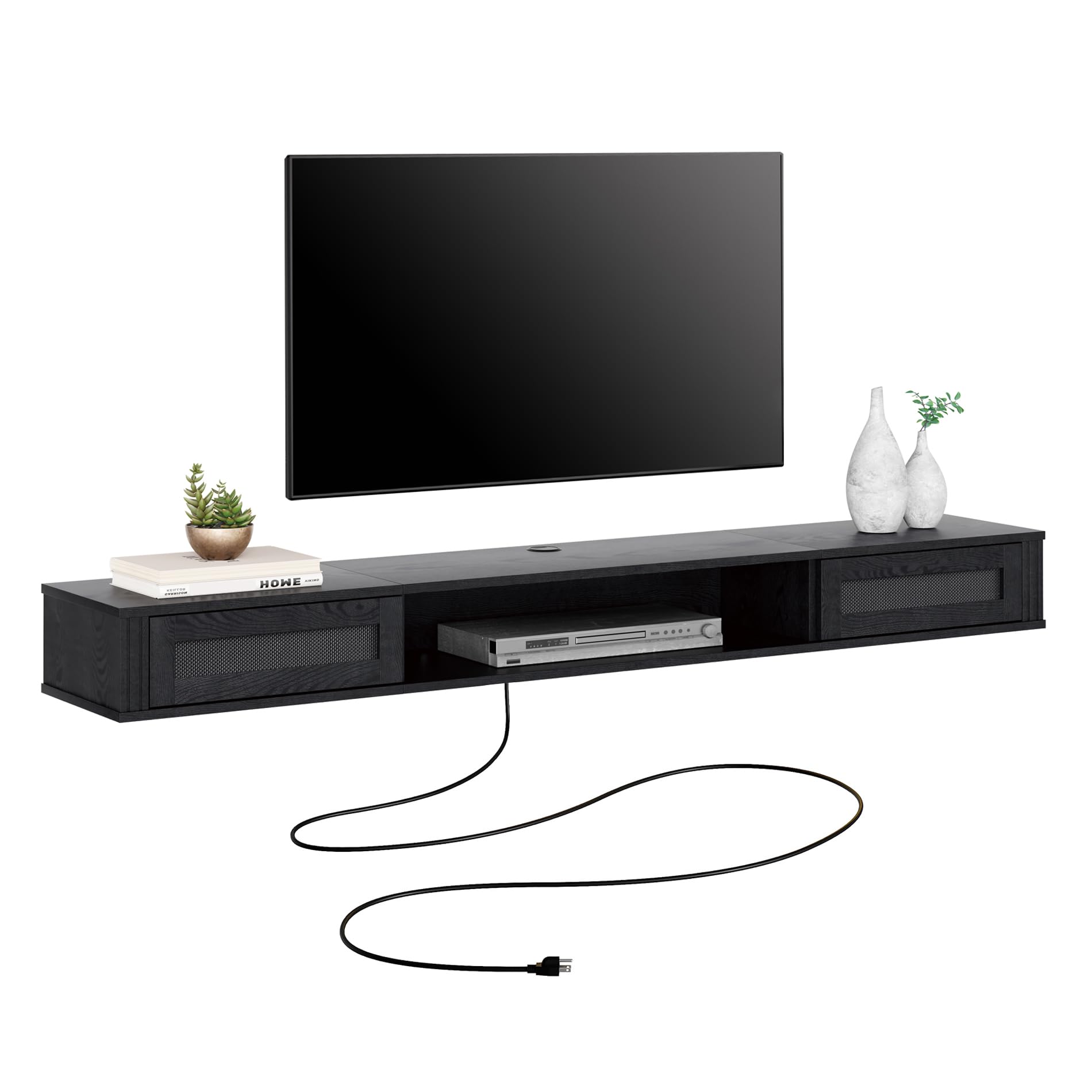 WAMPAT 70" Floating TV Stand with Power Outlet, Wood Media Console Entertainment Center with 2 Rattan Doors, Modern Wall Mounted TV Shelf Cabinet for