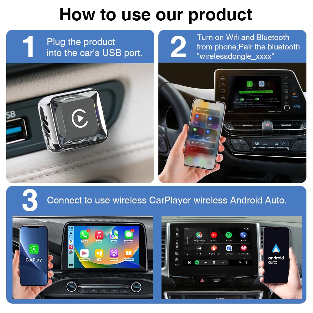 GemCoo Adattatore Carplay Wireless & Android Auto Wireless – 2-in-1, USB-C, BT 5.4, Riconnessione Rapida ~5s, per Auto con Carplay Filiare/AA, per iOS 10+/Android 11+