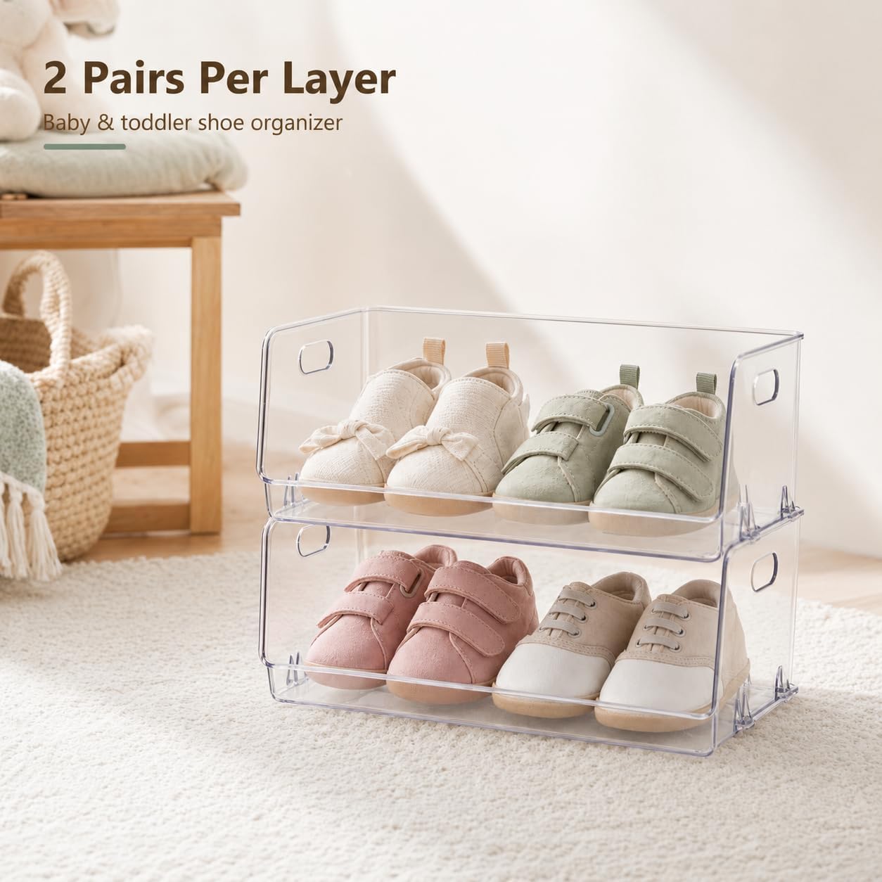 Toddler Baby Shoe Organizer: Clear Acrylic Kids Shoe Rack for Closet Nursery Bedroom Floor - 2 Tier Stackable Open Front Small Shoe Storage for Baby Toddler Shoe Size 0-10 image 4