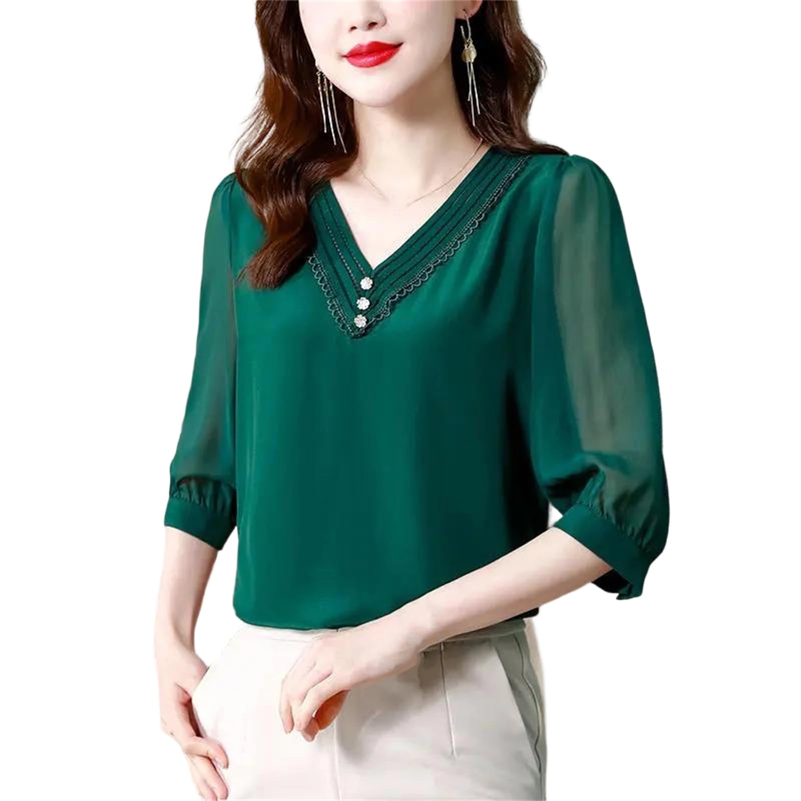 Yeuyyben Donne Estate Ufficio Stampa Tinta Unita Chiffon Pullover Scollo a V Camicetta Signore Moda Pizzo