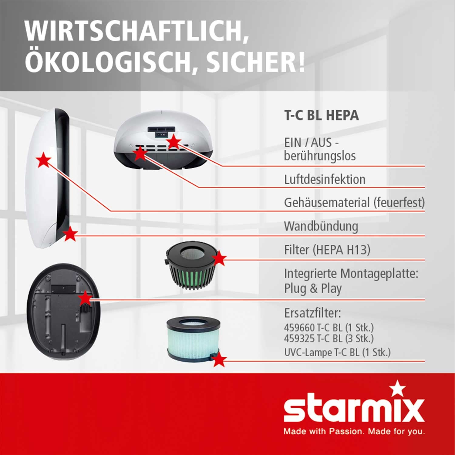 Starmix Warmluft-Händetrockner T-C BL HEPA (Händetrockner - Hygienisch, nachhaltig, effizient mit HEPA Filter und UV-C Lampe) Nr. 105000
