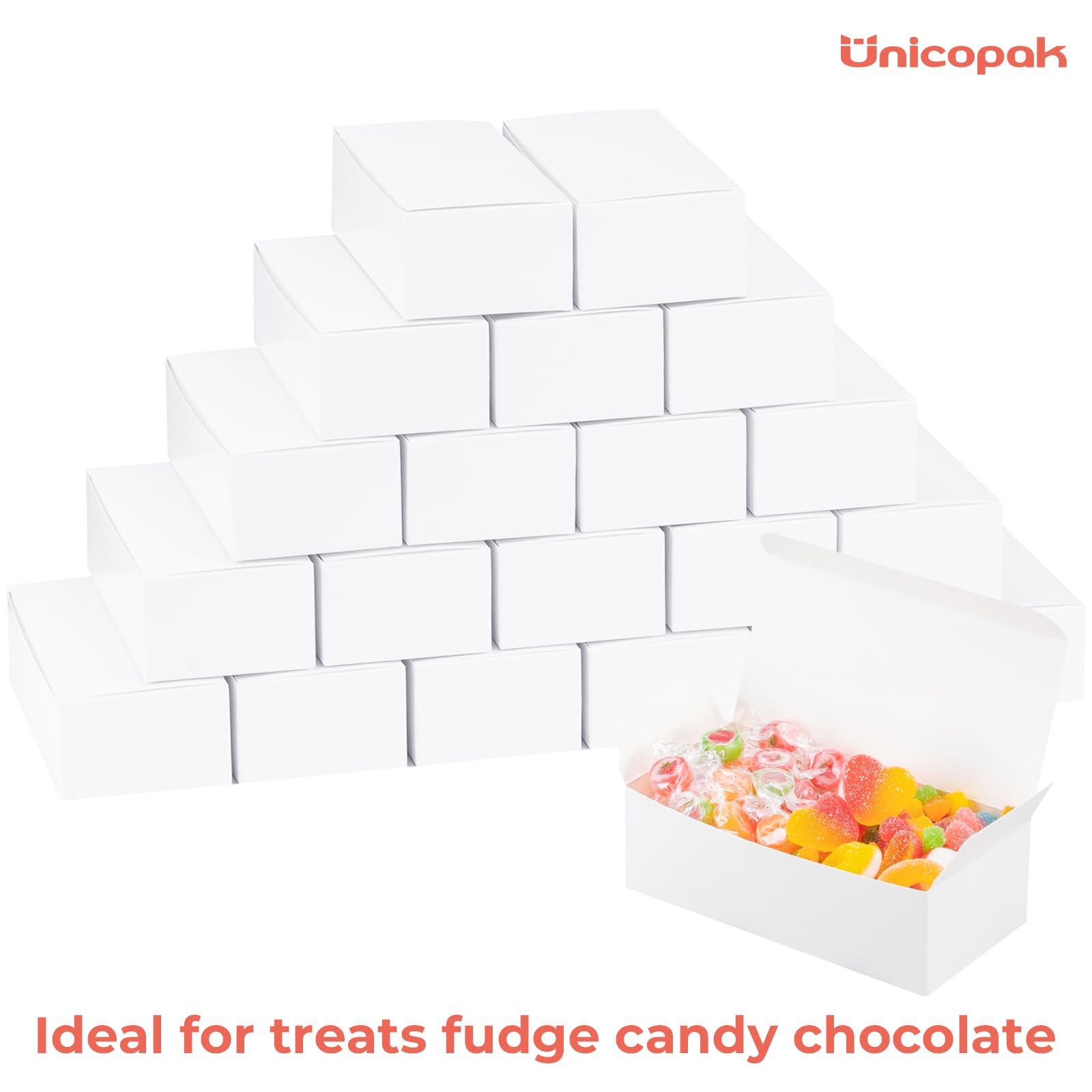 UnicoPak 20 Pack White Small Gift Boxes, 1/2 Lb. Candy Boxes, Food-grade Material, Ideal for Food or Gift Packaging, Gifting Jewelry or Trinkets, Storage Small Items, 5 1/2 x 2 3/4 x 1 3/4"