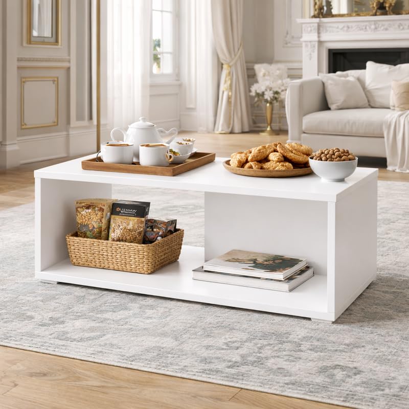 Image of Modern Coffee Table with Storage Shelf | Space Saving Center Table for Living Room | Engineered Wood Tea Table | Easy Assembly | Home & Office Use | DIY | Color-White | Size-90x50x45 Cm