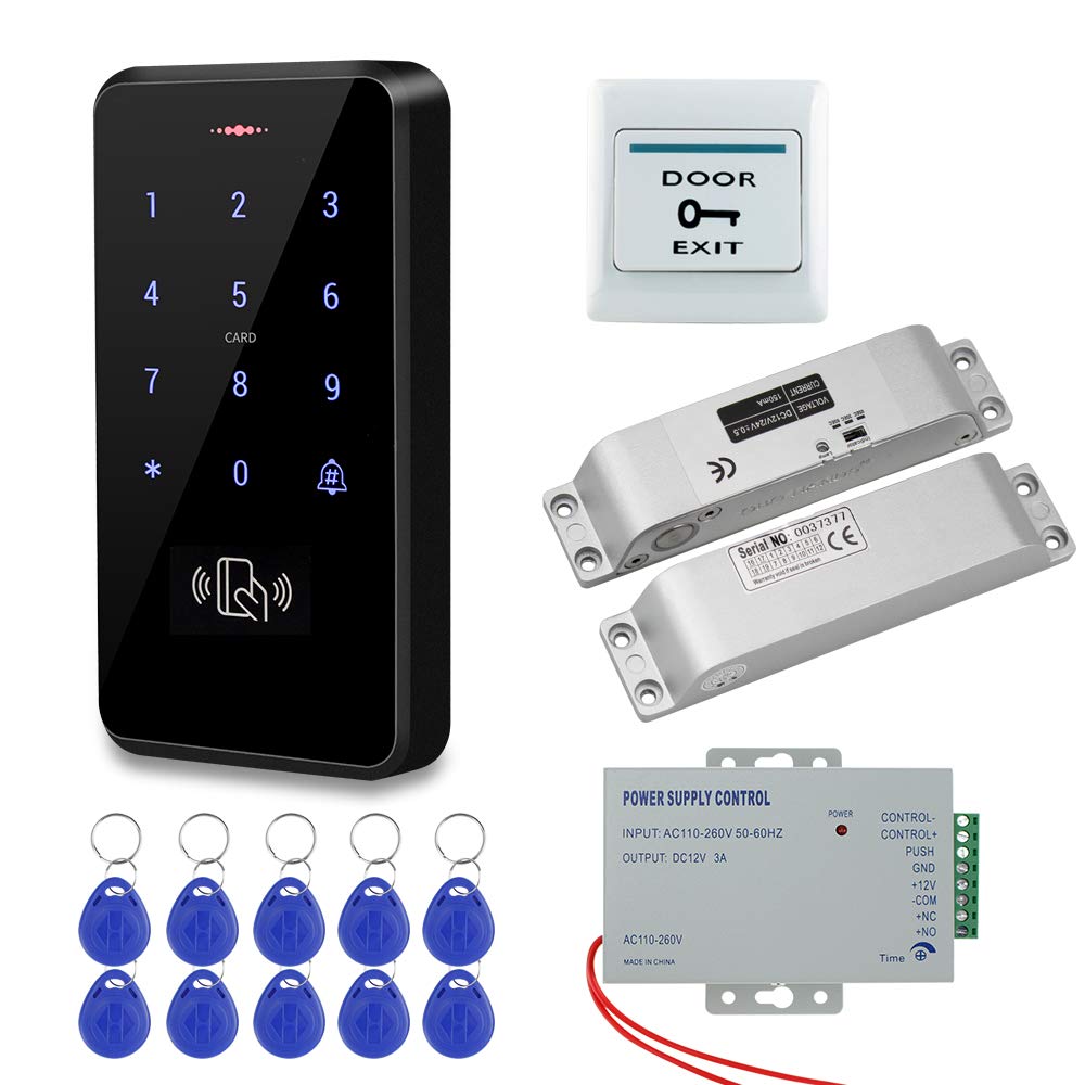 HFengIP68 Waterproof Outdoor Door Access Control System Kit RFID Access Control Keypad + Electronic Drop Bolt Locks + Power Supply +10pcs Keyfobs Keychains for Home