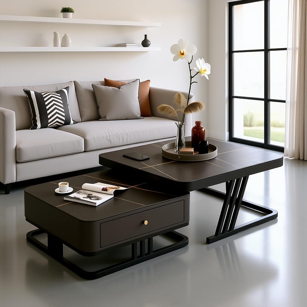 RIZIK Stores™ Iron Frame Handmade Drawer Square Coffee Table/Nesting Table/Side Table/Center Table with Engineered Wood Top for Living Room/Drawing Room/Balcony (Black, 30"x30")-picture-20