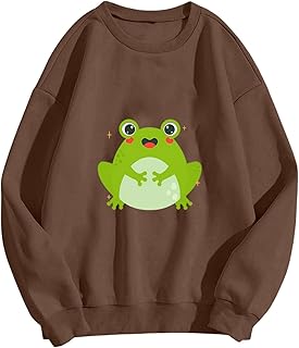 rtdgcv Sudadera con capucha de gran tamaño para mujer, informal, estampado de rana, cuello redondo, manga larga, sudadera con cremallera