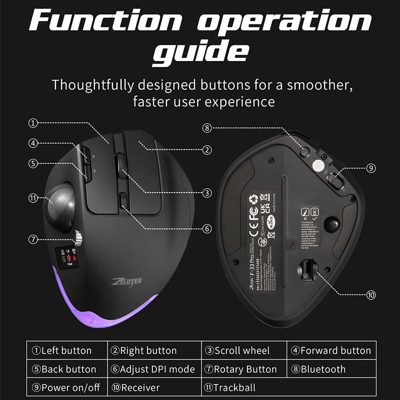 Image of Wireless Mouse - 2.4GHz + Bluetooth Dual Mode Connection, 8 Programmable Buttons, 8000 CPI Adjustable, Trackball Design, with Display Screen, Ergonomic Tilt Angle, For Windows, macOS, Android, Linux