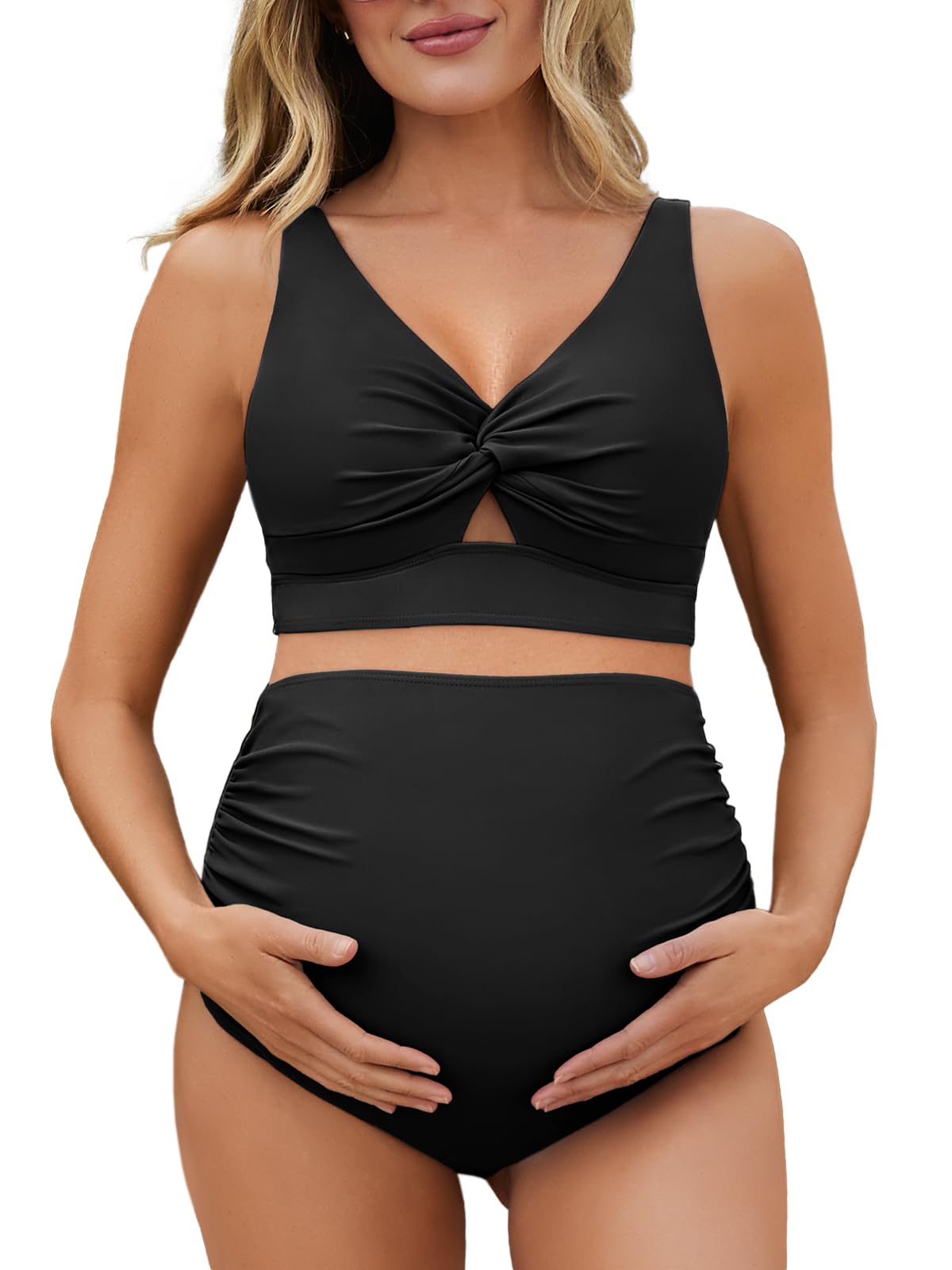 Summer Mae Twist Maternity Bikini Two Piece Pregnancy Swimsuits Cutout Bathing Suit High Waisted Ruched Swimwear