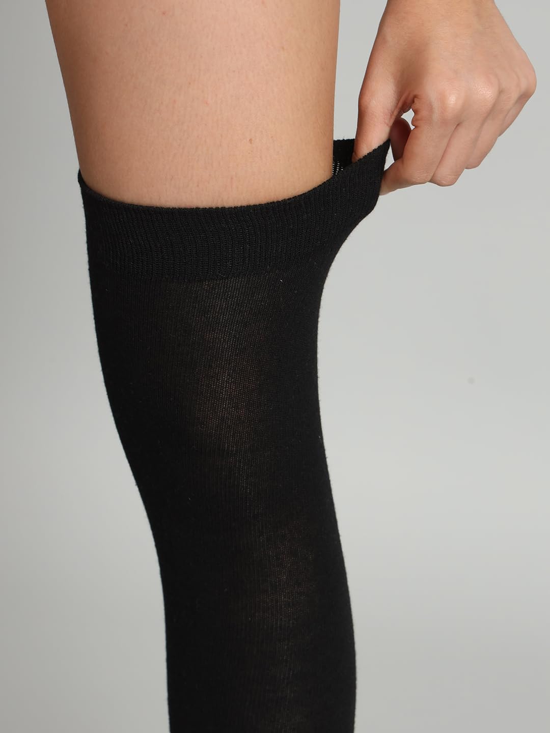 TRAZO Women's Spandex Thigh High Socks Over The Knee High Knitted Casual Boot Socks, Stiped Long Fashionable Stockings Pack Of 2, Black, Light Grey 2