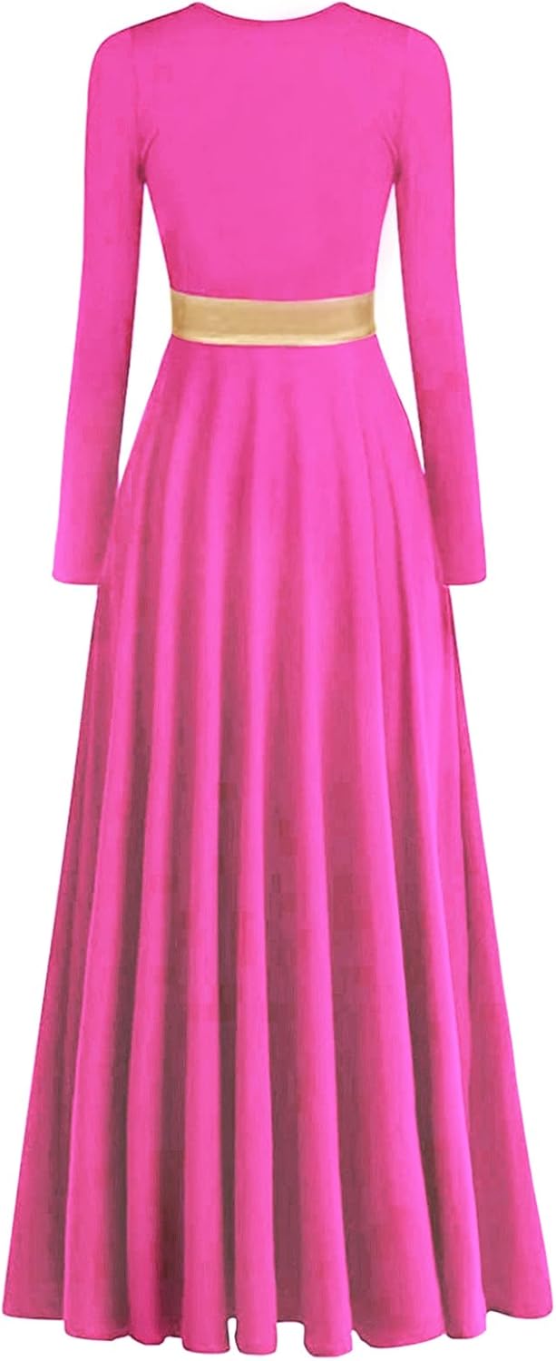 Women's Praise Dance Dress Metallic Waistband Long Swing Liturgical Worship Church Robe Dress Lyrical Dancewear - Image 2