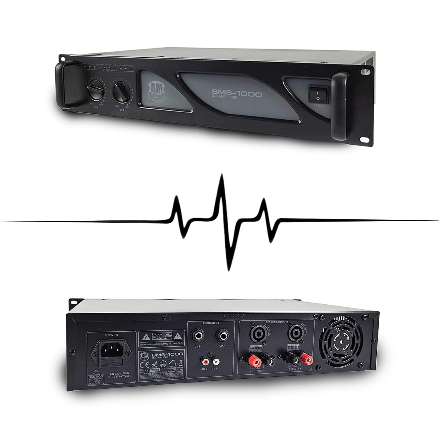 Pack Sono DJ BM Bmsonic Amplificateur BMS1000 1000W, Paire d'Enceintes Passives BMS10 2x400W, Câbles, Sonorisation Pro+Clé 32G