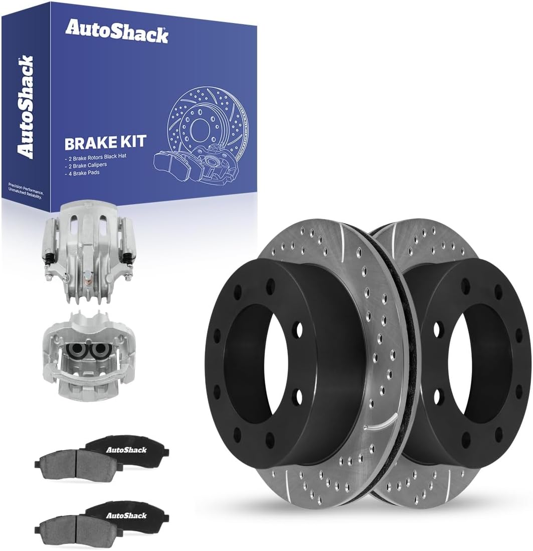 AutoShack Rear Vented Drilled & Slotted E-Coated Brake Rotors + Ceramic Pads + Calipers 8-PC Brake Kit Replacement for 2000-2005 Ford Excursion ShadowGuard 12.83" (325.8 mm)