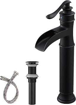 BWE Vessel Sink Faucet Waterfall Matte Black with Pop Up Drain Without Overflow and Supply Lines, Black Sink Faucet Bathroom One Handle Faucets Vanity Bath Mixer Tap