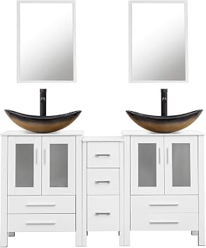 UEV 60" Double Sink Bathroom Vanity,White Bathroom Vanity with Double Side Vanity Cabinets & Removable 3 Drawer Storage Cabinet with Modern Vessel Sink,Mirror Not Included029CH