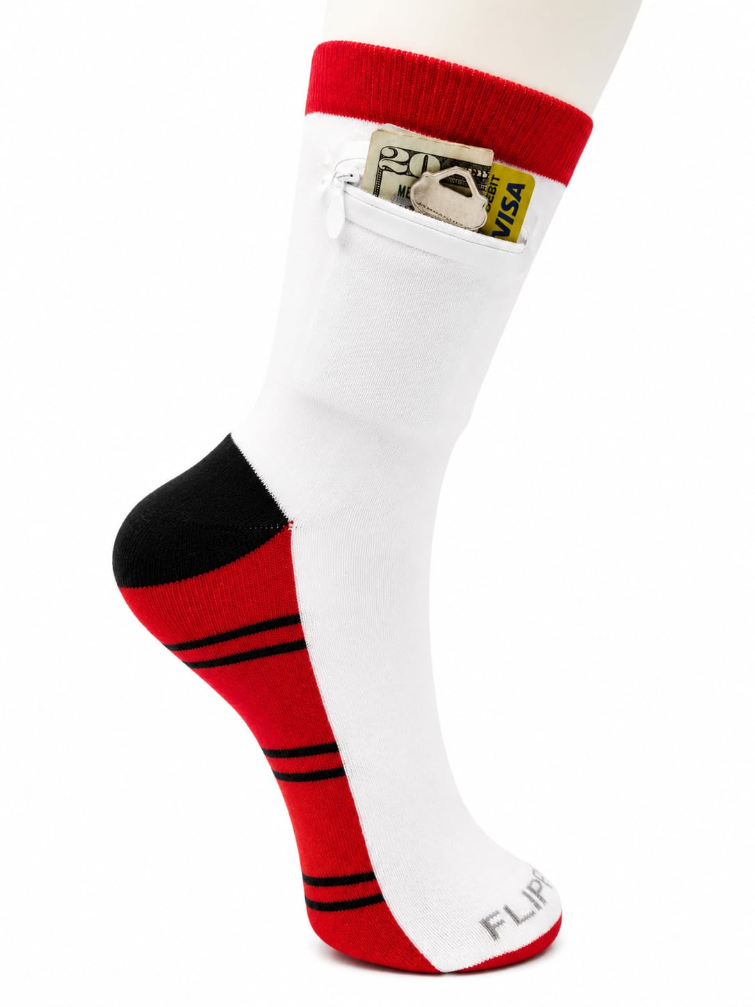 Zipper Sock Wallet - Cotton &amp; Polyester Zipper Socks with Pockets - Fits shoe size 6-13