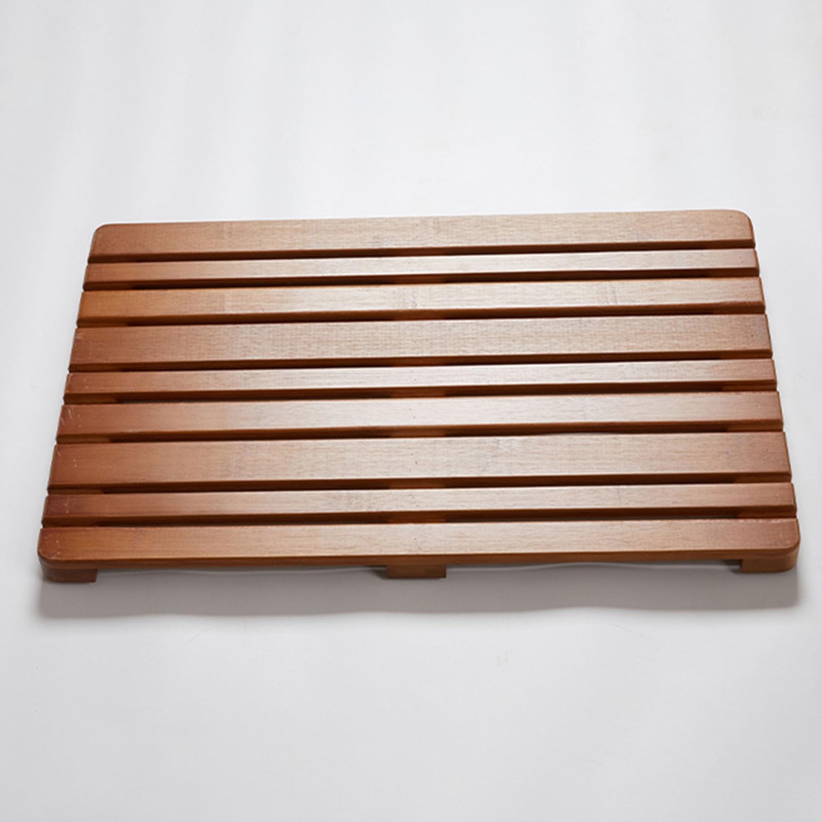 QIYFOZ Non-Slip Bamboo Shower Mat for Bathroom & Backyard, Spa-Style Drain Board with Dual Anti-Slip Design, Hollow Slats, Eco-Friendly Brown Bath Mat
