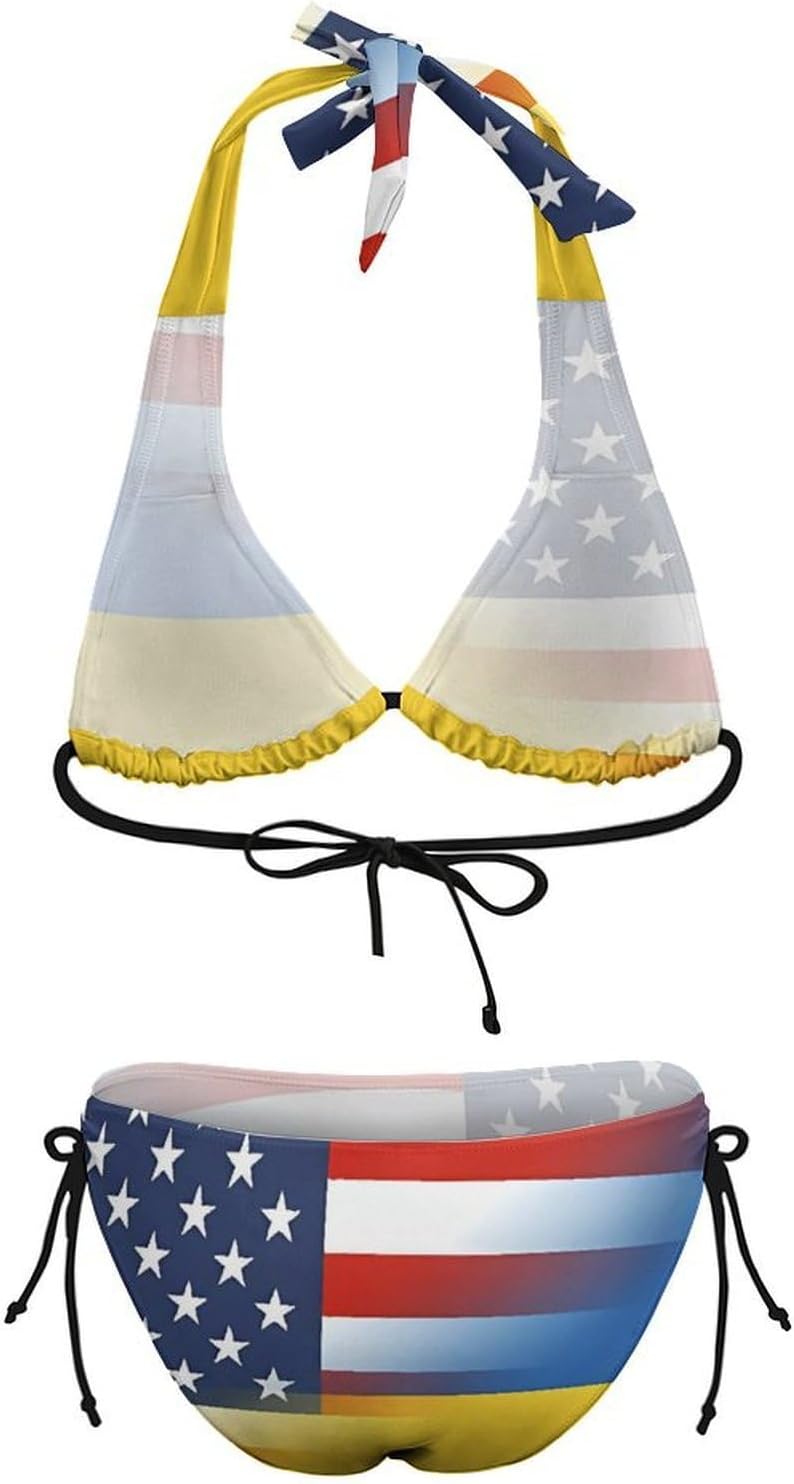 USA-Ukraine Flag Novelty Women's 2 Piece String Bikini Set Swimsuits Bathing Suit Swimwear