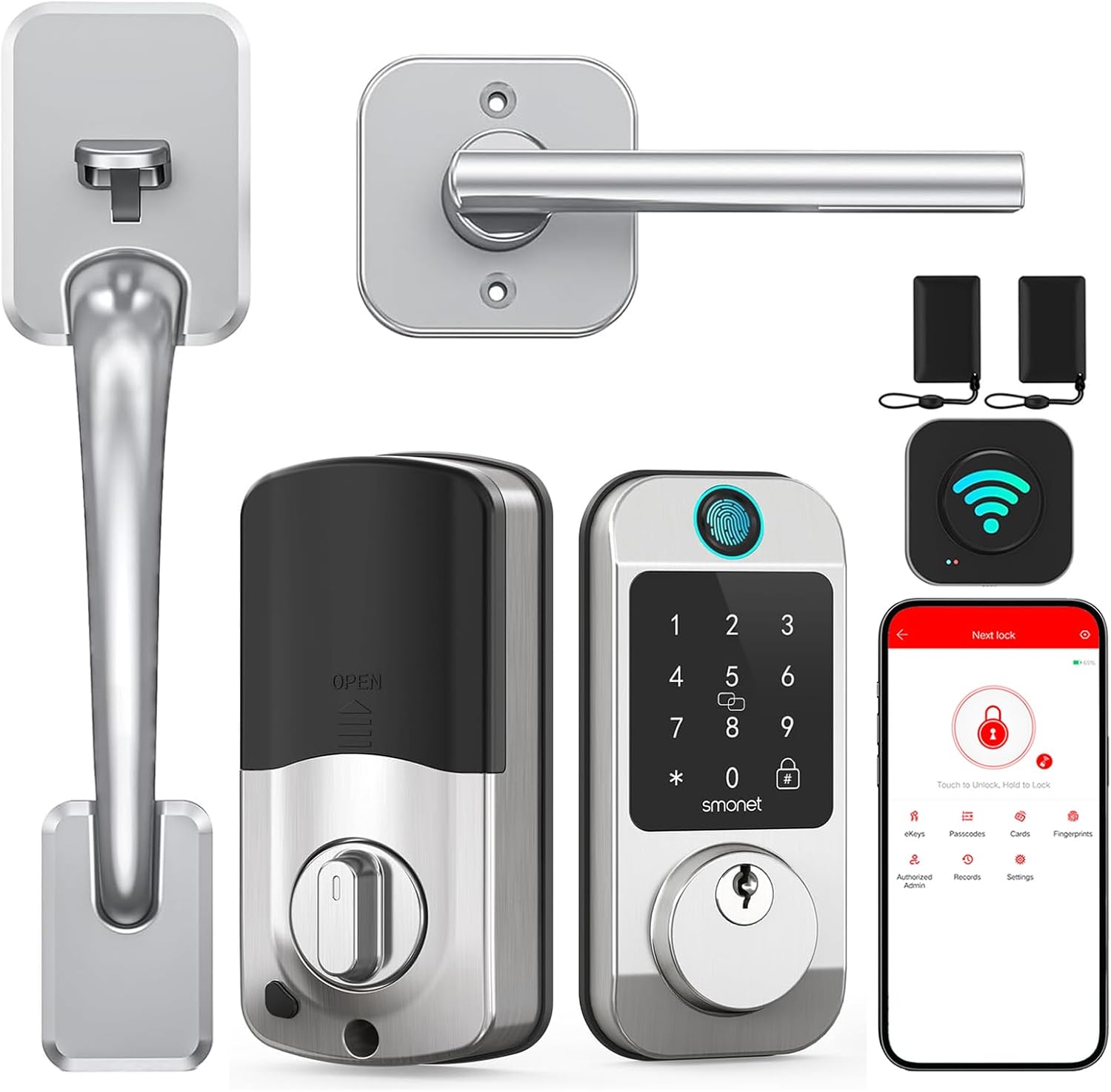 SMONET Smart Front Door Lock Set – Fingerprint Keyless Entry Door Lock Deadbolt with Handle Set Smart WiFi Deadbolt, Digital Keypad Auto Lockset with Code Fob App Compatible with Alexa Silver