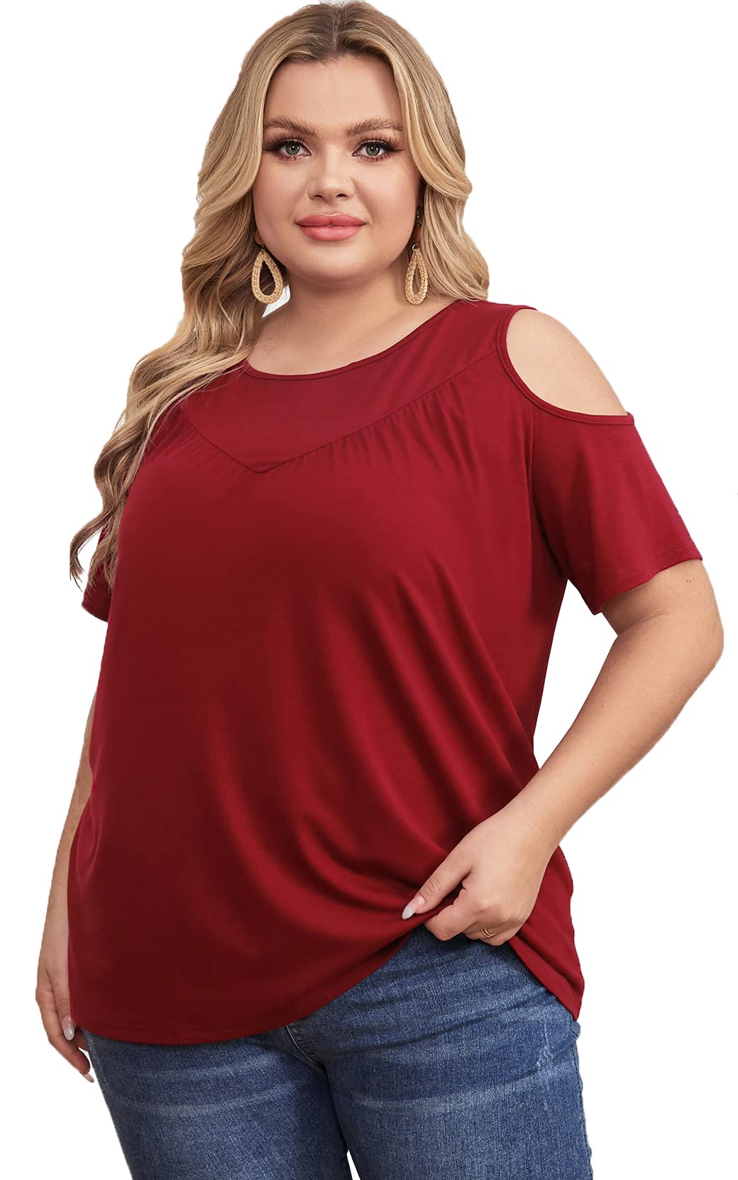 YiwixiWomens Summer Casual T Shirts Cold Shoulder Short Sleeve Crewneck Loose Fit Plus Size Tops Pleated Flowy