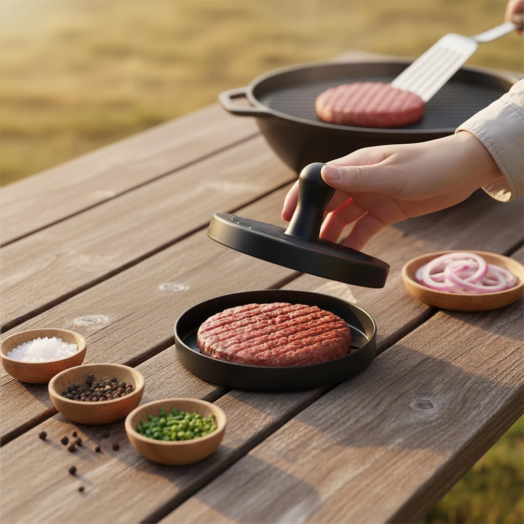 Deconox Yapışmaz Büyük Boy Hamburger Köfte Kalıbı - Paslanmaz Çelik Karbon Kaplama Premium Burger Presi | Mükemmel Şekilli Köfte Makinesi
