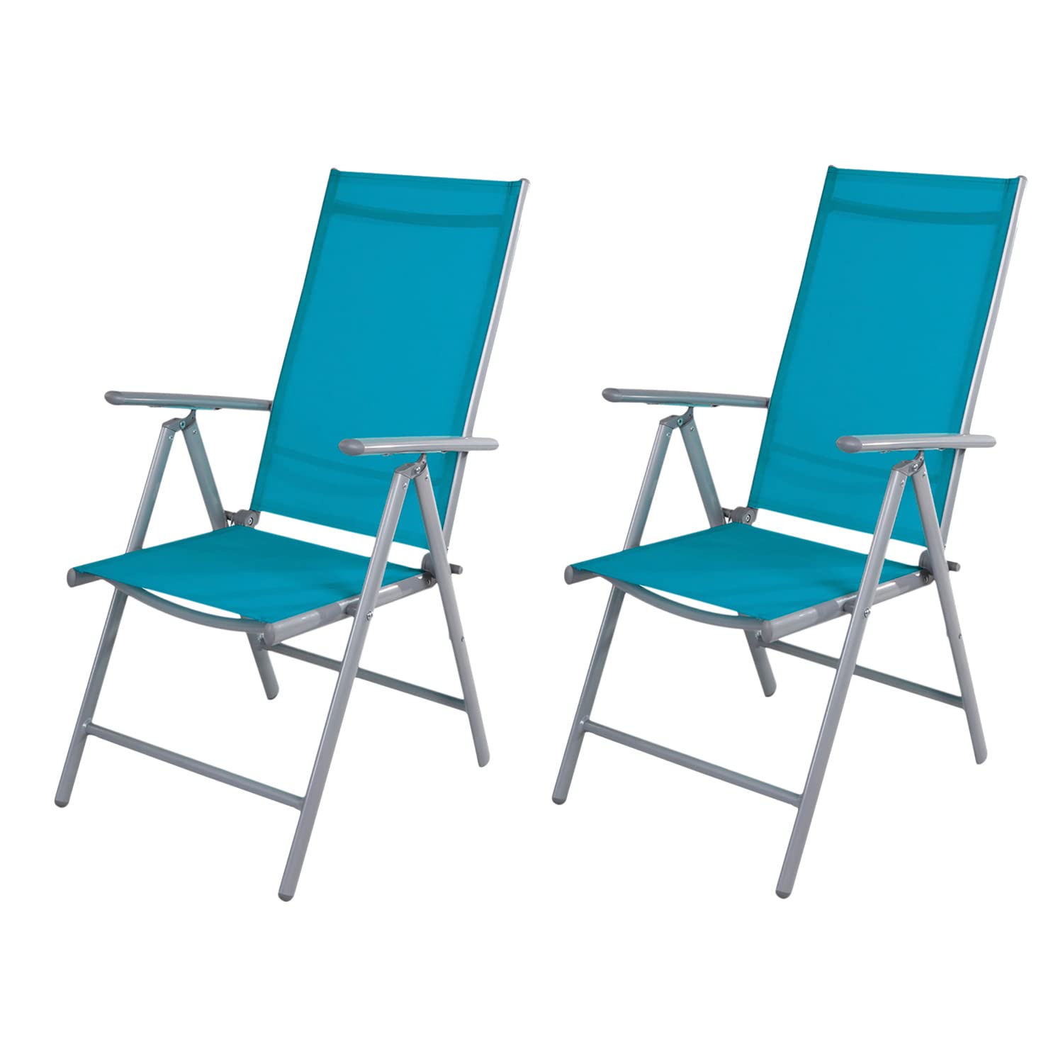 Mojawo Lot de 2 chaises de jardin à dossier haut réglable en 7 positions - Pliantes - En aluminium résistant aux intempéries - Argenté/bleu pétrole