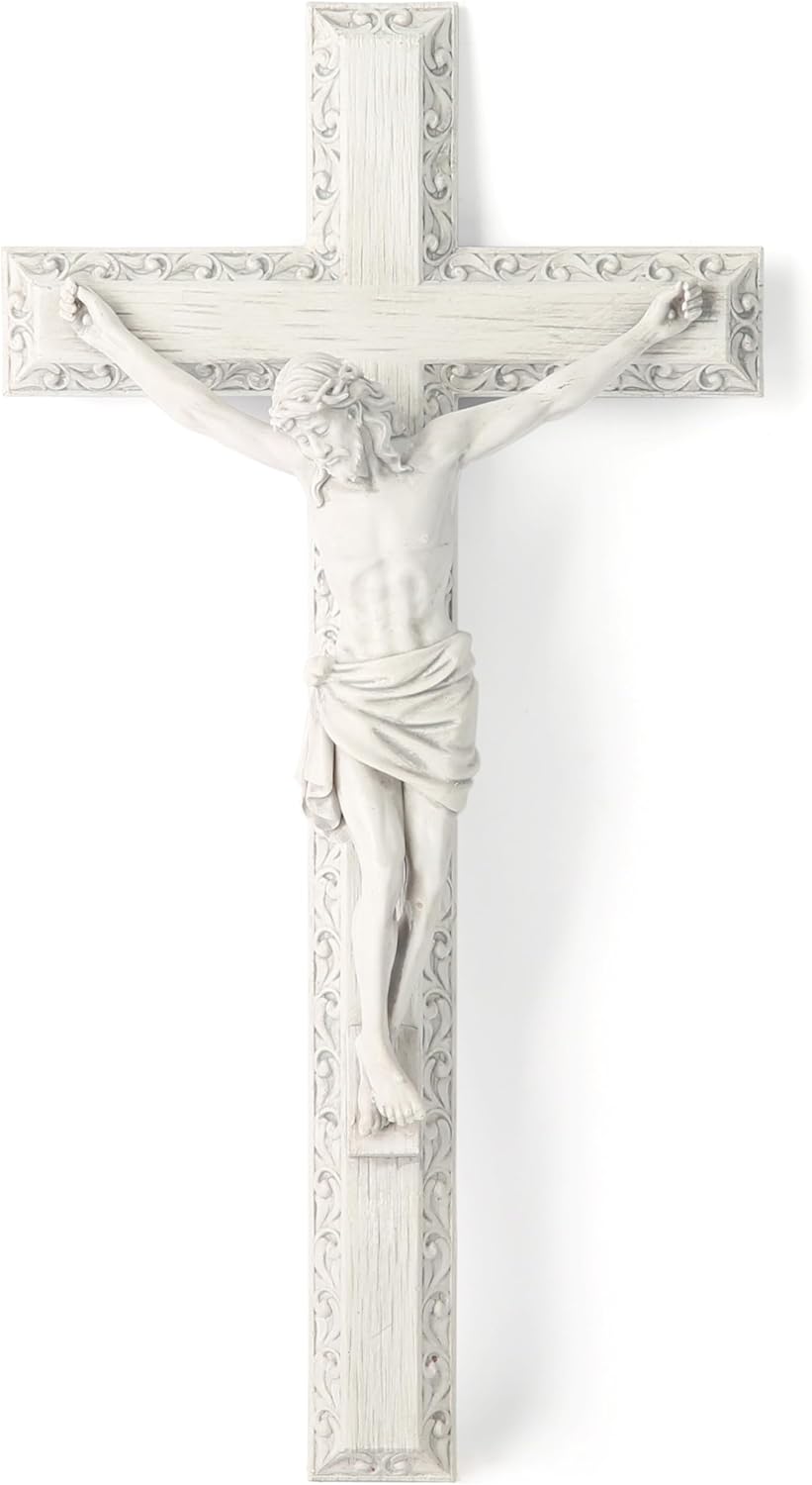 BC Catholic Crucifix Wall Cross, 12" H Jesus Christ Wall Decor for Elegant Modern Home, Devout Gift for Easter, Religious Gifts Home Decor, Grey White Stone Finish, Hand Painted by Buildclassic