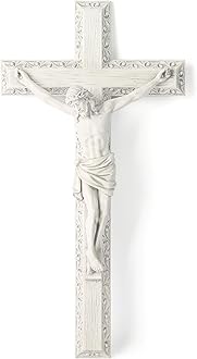 BC Catholic Crucifix Wall Cross, Jesus Christ Wall Decor for Elegant Modern Home, Devout Gift for Youngs, Religious Gifts Home Decor, Grey White Stone Finish 12" H Hand Painted by Buildclassic