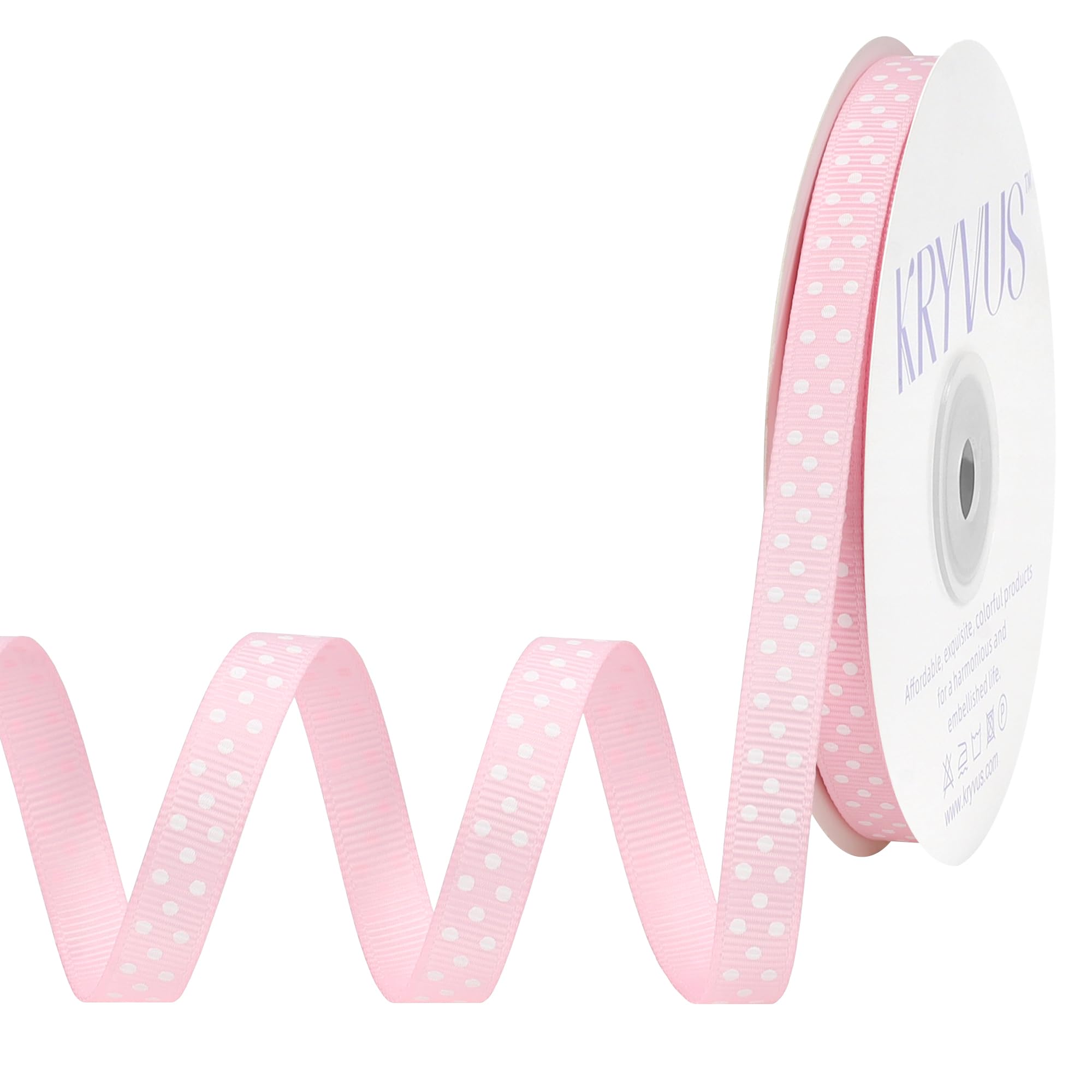 Kryvus Pearl Pink Polka Dot Grosgrain Ribbon, 10mm x 23M, Pearl Pink Polyester Craft Ribbon with White Dots for Hair Bows, Gift Wrapping, Spring Decor, Wedding, Sewing & DIY