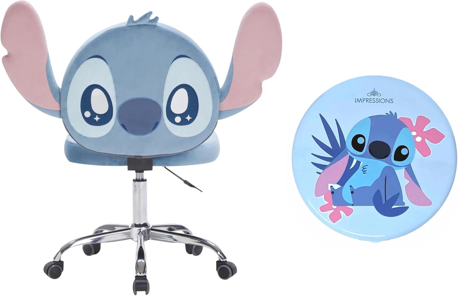 Impressions Vanity Stitch LED Compact Mirror with Touch Control and Height Adjustable Swivel Vanity Chair Bundle Set Featuring Adorable Design and Functional Comfort