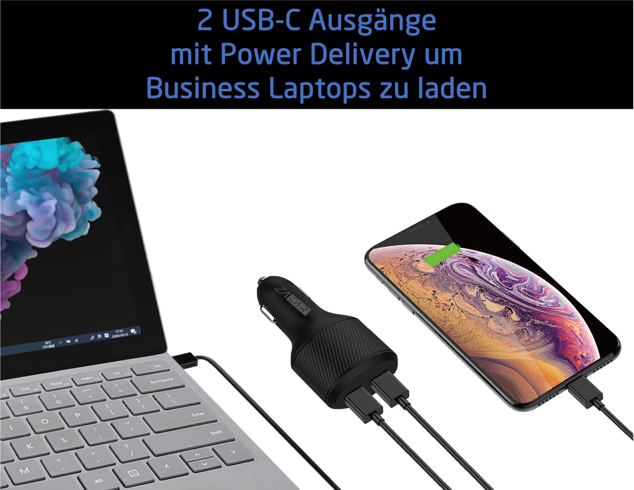 Cargador de coche USB-C de 130 W, 2 compartimentos: cargador de coche de ZACAR con 100 W + 30 W USB-C Power Delivery para 12 V/24 V – Coche/camión/caravana, carga MacBook Samsung Huawei FCP SCP Apple