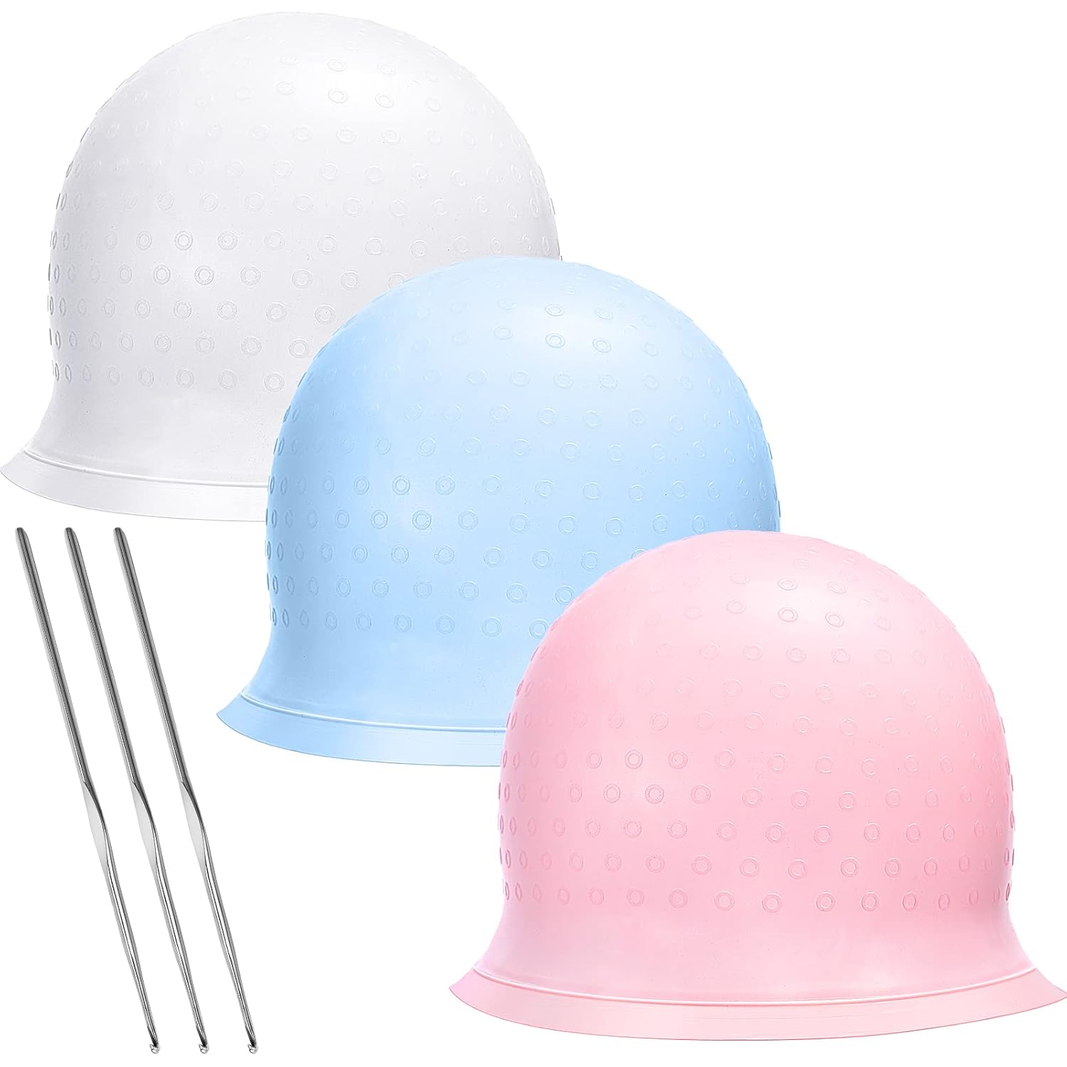 3 Pieces Reusable Silicone Hair Staining Cap Multicolor Hair Coloring Dye Cap with Metal Hook Silicone Hair Coloring Highlighting Cap for Home Salon Hairdressing Tools (Blue, White, Purple) : Beauty