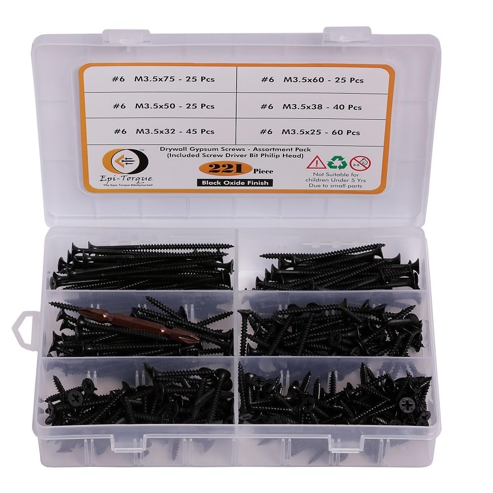 Drywall Gypsum Black Screws Sharp Point Self Tapping Screws Carbon Steel Wood Screws Assortment Set (Pack of 221 Pcs)