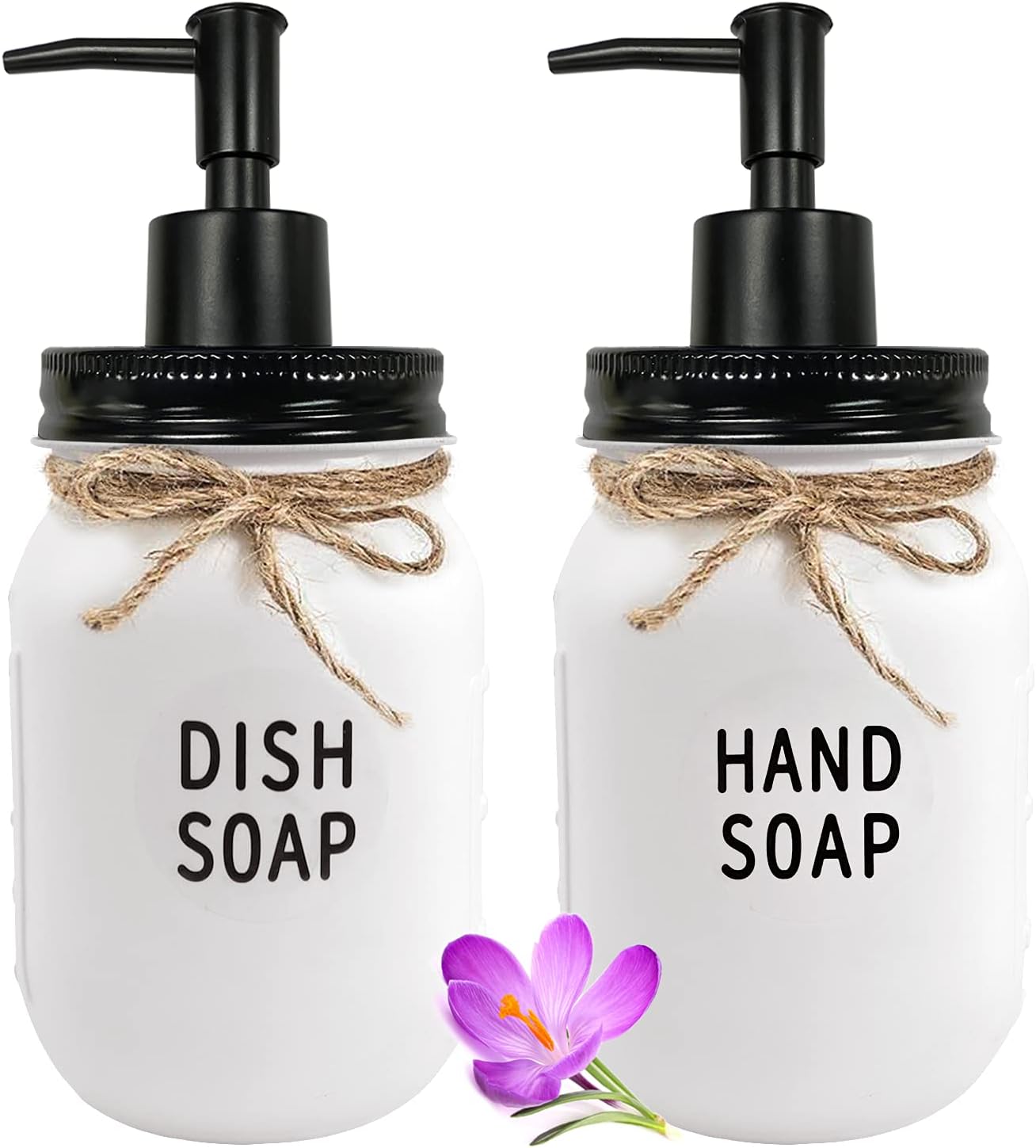 Magic Hue 2Pcs White Glass Mason Jar Soap Dispenser, Dish and Hand Soap Dispenser Set, Farmhouse Decor for Kitchen/Top Bathroom Sink, Rustic Bathroom Accessories