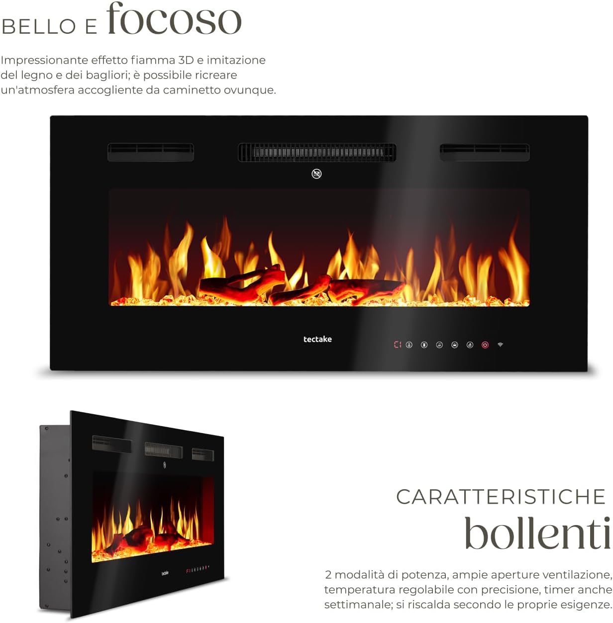 Electric fireplace displaying realistic 3D flame effect and control panel