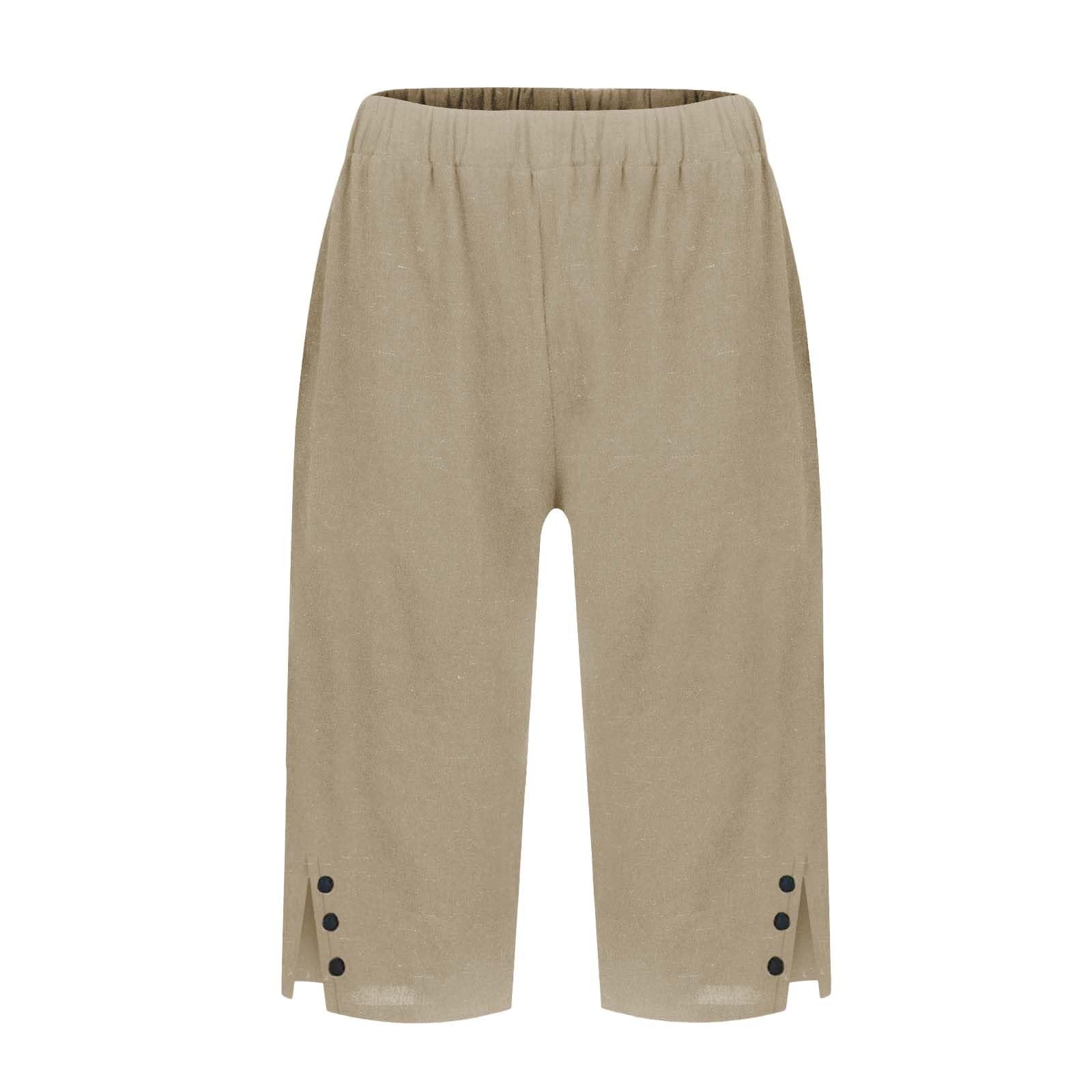 Generico Lekkie letnie spodnie damskie bawełniane spodnie capri z elastyczną talią bermudy eleganckie wygodne szorty 3/4 z kieszeniami jednolity kolor na co dzień szorty plus size