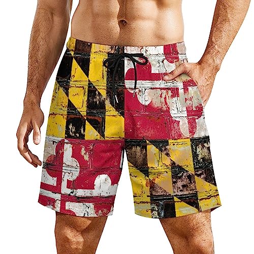 Maryland State Flag on Brick Wall Men's Swim Trunks Board Shorts with Compression Liner and Pocket Bathing Suits2
