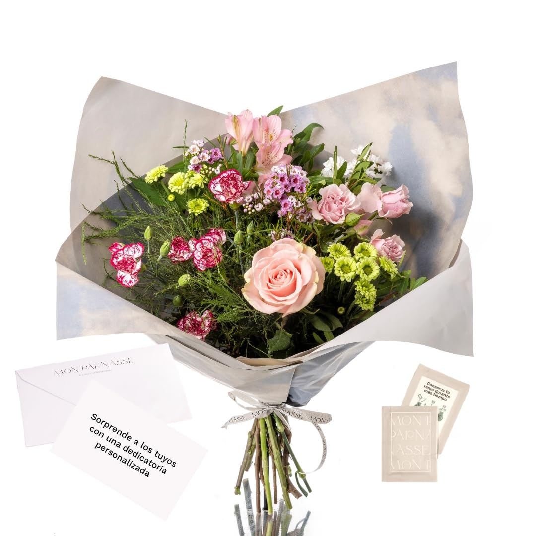 Mon Parnasse - Ramo de Flores Naturales con Dedicatoria, Incluye Tarjeta Personalizada, Set Alimento Floral, Envoltorio Elegante, Regalo, Sutileza y Aroma - Armonia