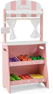 Costzon Kids Wooden Grocery Store Set, Pretend Farmerâ€™s Market Stand w/ 36 Cutting Vegetables & Fruits, Cute Awning & Advertising Sign, Role Play Food Toy Set for Boys Girls 3+ (Pink)