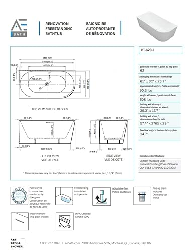 A&E Bath And Shower Oxnard Left 59'' Left Corner Freestanding Bathtub, White #TOP4