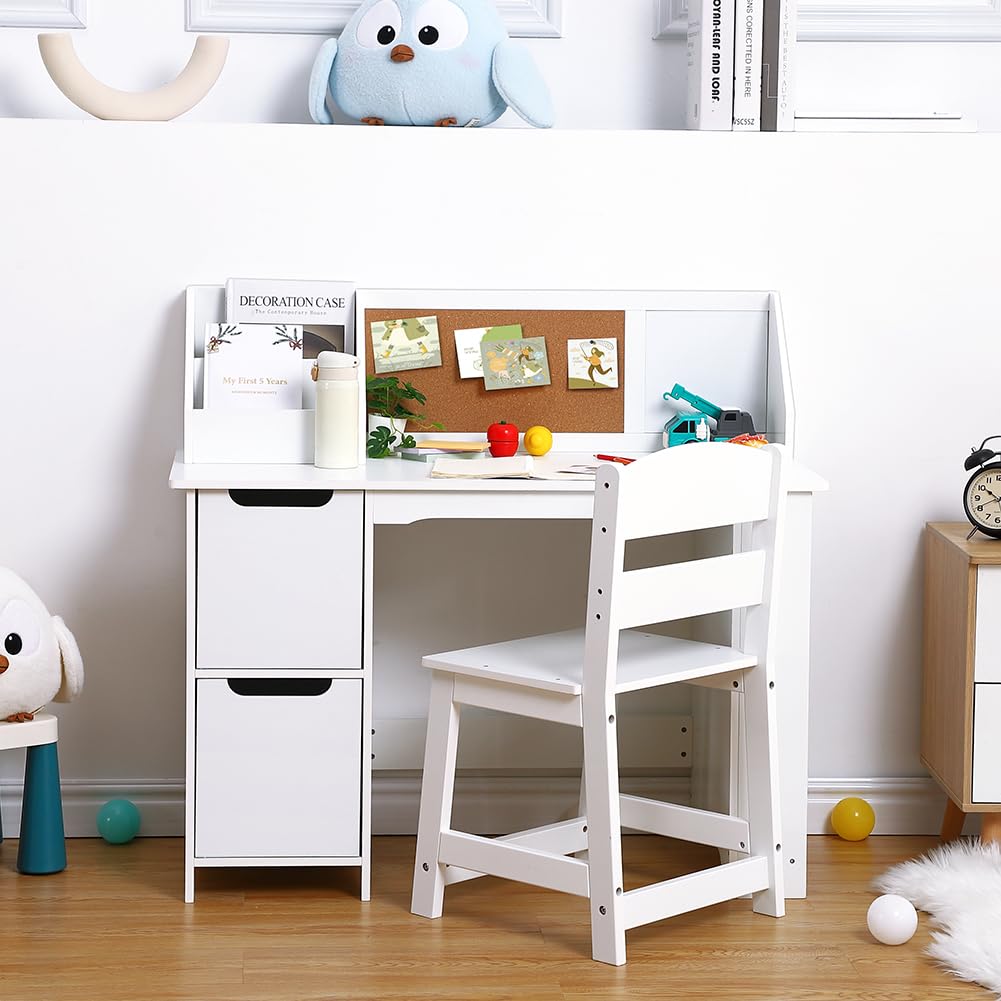 Ensemble Bureau Enfant + Chaise en Bois – Table d’étude avec étagère, placards de Rangement et Tableau d’Affichage – pour écriture & devoirs, 3-8 Ans – Blanc