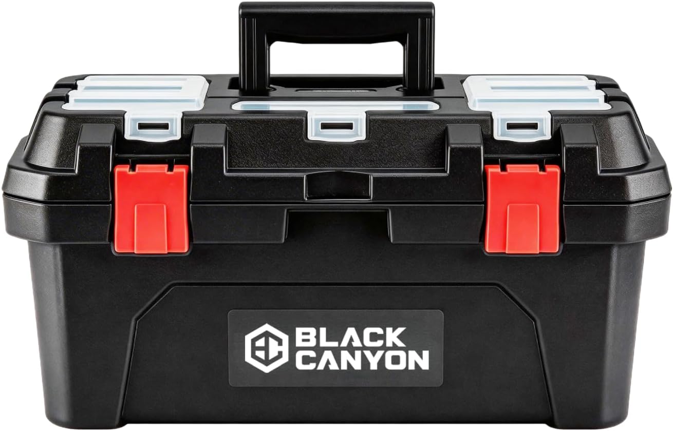 Black Canyon 17 Inch Plastic Tool Box, Support up to 44 lbs,Dual-Layer Design, Flexible for Stacking, Top-Lid Storage, Ideal for DIY, Workshop