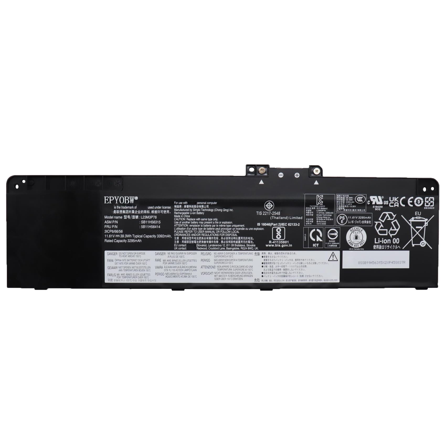 EPYOBW L23M3P76 Laptop Battery 39.3Wh 3392mAh 11.61V Compatible with Lenovo ThinkPad P14s / T14 Gen 5 / P16 Gen 2 Series SB11H56315 5B11H56414