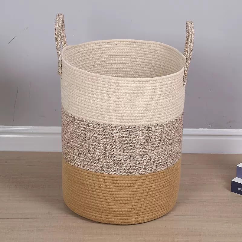 コットンロープバスケット, 3色ブロックデザイン, 持ち手付き収納かご, ランドリーバスケット (S)