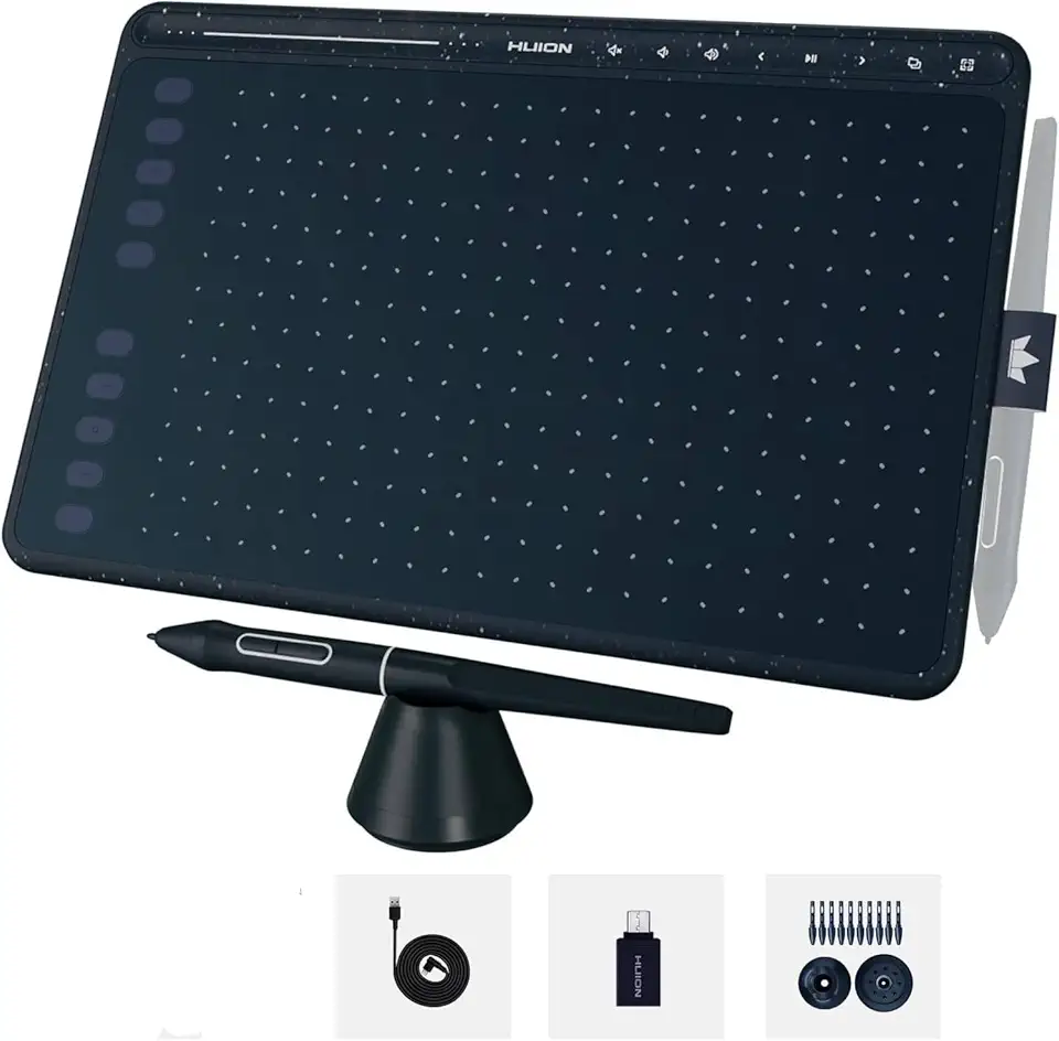 Mesa digitalizadora HUION HS611 Tablet gráfico com 10 teclas de atalho, 8 teclas multimídia Stylus sem bateria 8192 caneta pressão inclinação digital arte tablet para pintura, design esboço iniciante