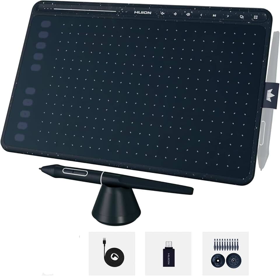 Mesa digitalizadora HUION HS611 Tablet gráfico com 10 teclas de atalho, 8 teclas multimídia Stylus sem bateria 8192 caneta pressão inclinação digital arte tablet para pintura, design esboço iniciante