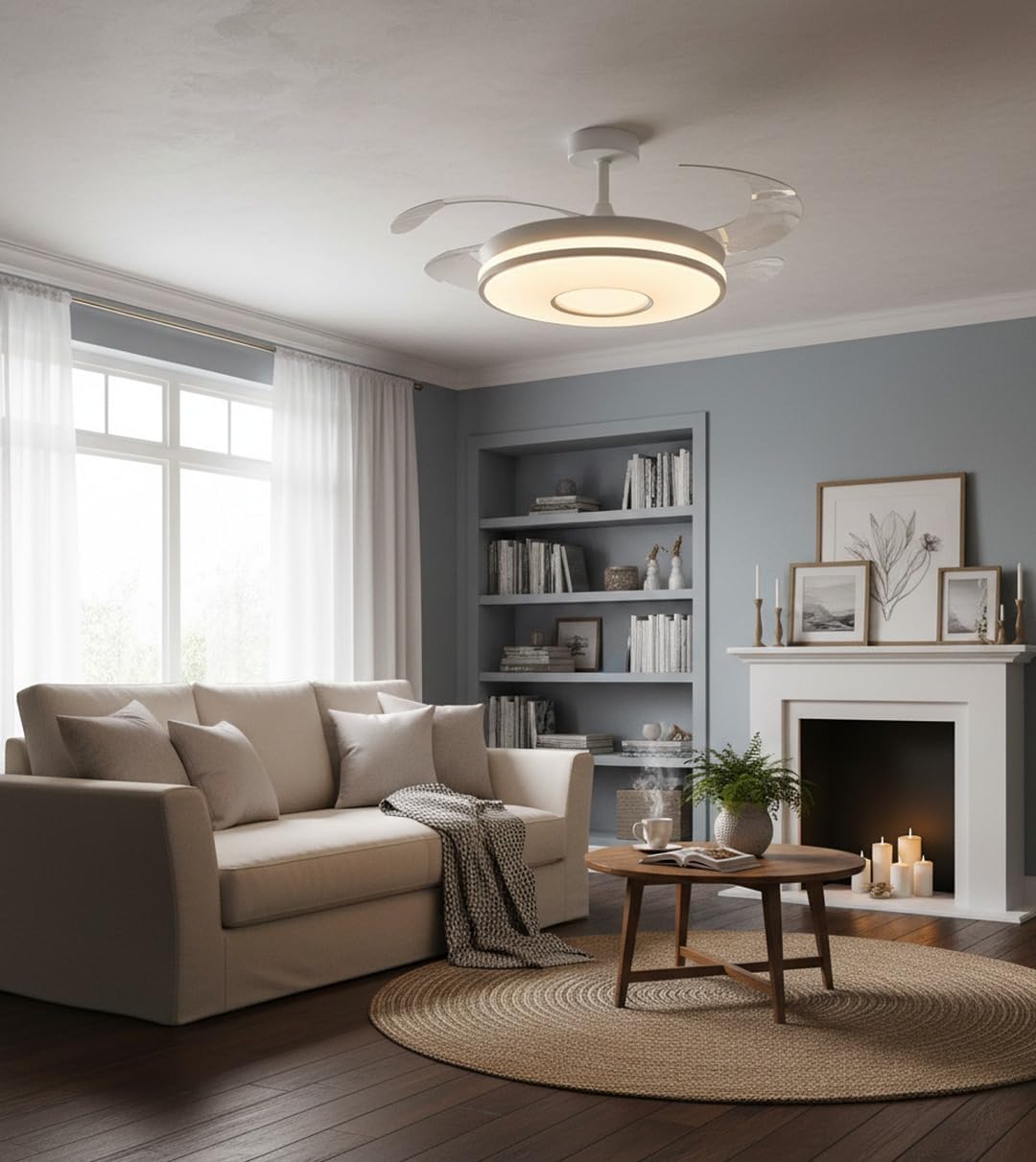 BEL AIR HOME - Ventilatore da soffitto KIRA bianco, motore DC silenzioso, pale retraibili, luce LED 36 W 3 temperature, telecomando, modalità inverno, moderno (CHRONOS)